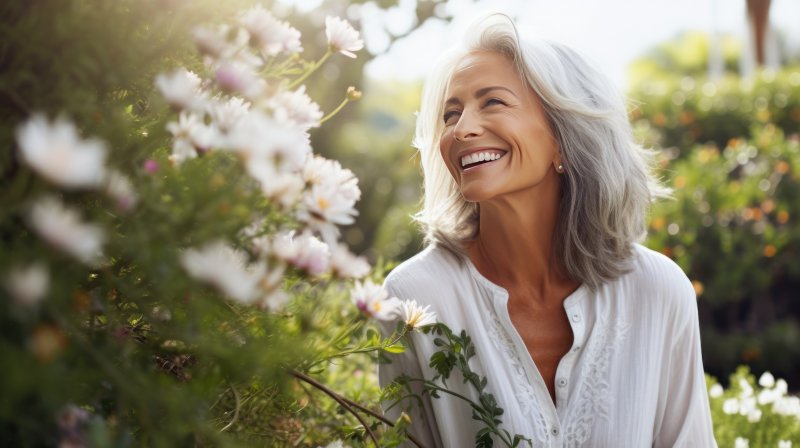 older woman smiling among flowers
